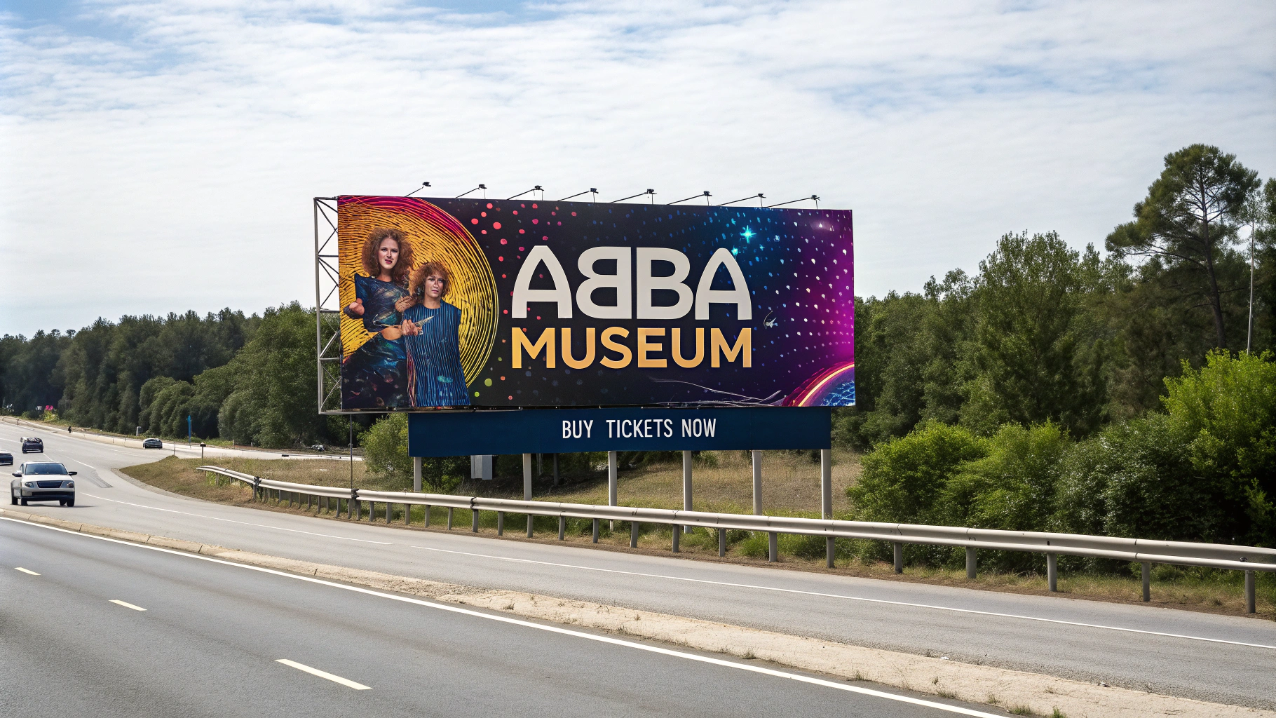 AI generated image by Red Panda AI: a billboard ad for the ABBA Museum. The ad should be colorful and fit with the disco aesthetic of ABBA and their music. The purpose of the ad is to get viewers to buy tickets for the ABBA Museum. The billboard is located on the highway. The ad does not need to include images of people, it can be solely text and visual design that is appealing and eye-catching for viewers. Remember, ABBA is a pop music band that was popular in the 80s. 