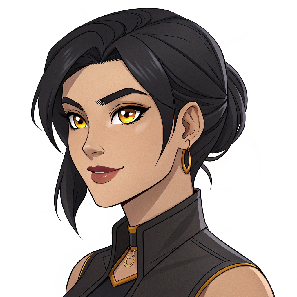 AI generated image by Red Panda AI: crea un personaje mujer de pelo negro y ojos dorados, de frente, estilo de dibujo como los personajes de Arcane 