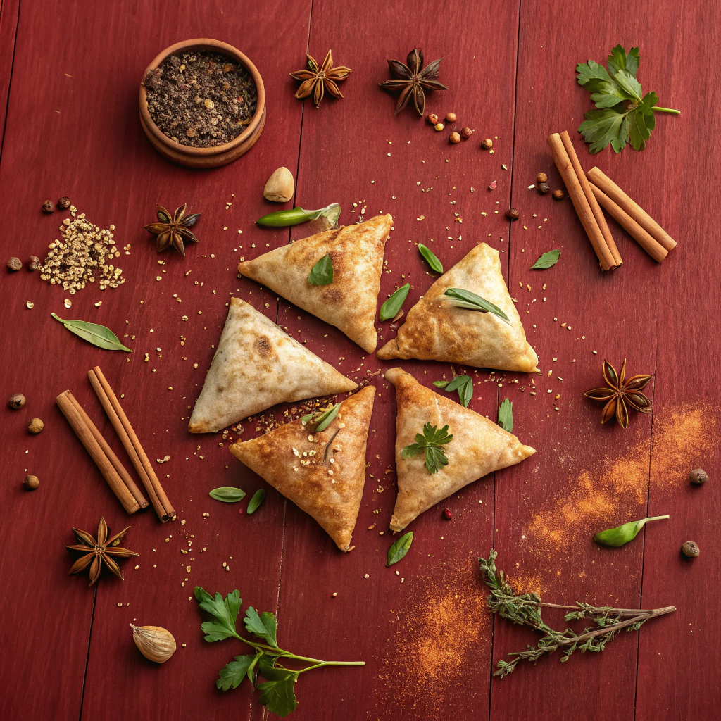 AI generated image by Red Panda AI: An aerial shot of several esfirhas arranged in a circular pattern, alternating between savory and sweet flavors, surrounded by spices like cinnamon, cloves, and sugar for the sweet options, and zaatar and fresh herbs for the savory ones. The setting is on a light wooden table with a deep red background, with spices surrounding the esfirhas to create an appealing, flavorful frame. Soft, evenly distributed lighting enhances the colors and textures of the esfirhas, creating a balanced and appetizing scene. Captured with a Canon EOS 5D Mark IV and a 24-70mm f/2.8 lens, the focus encompasses the entire arrangement, highlighting the rich, inviting look of each esfiha.