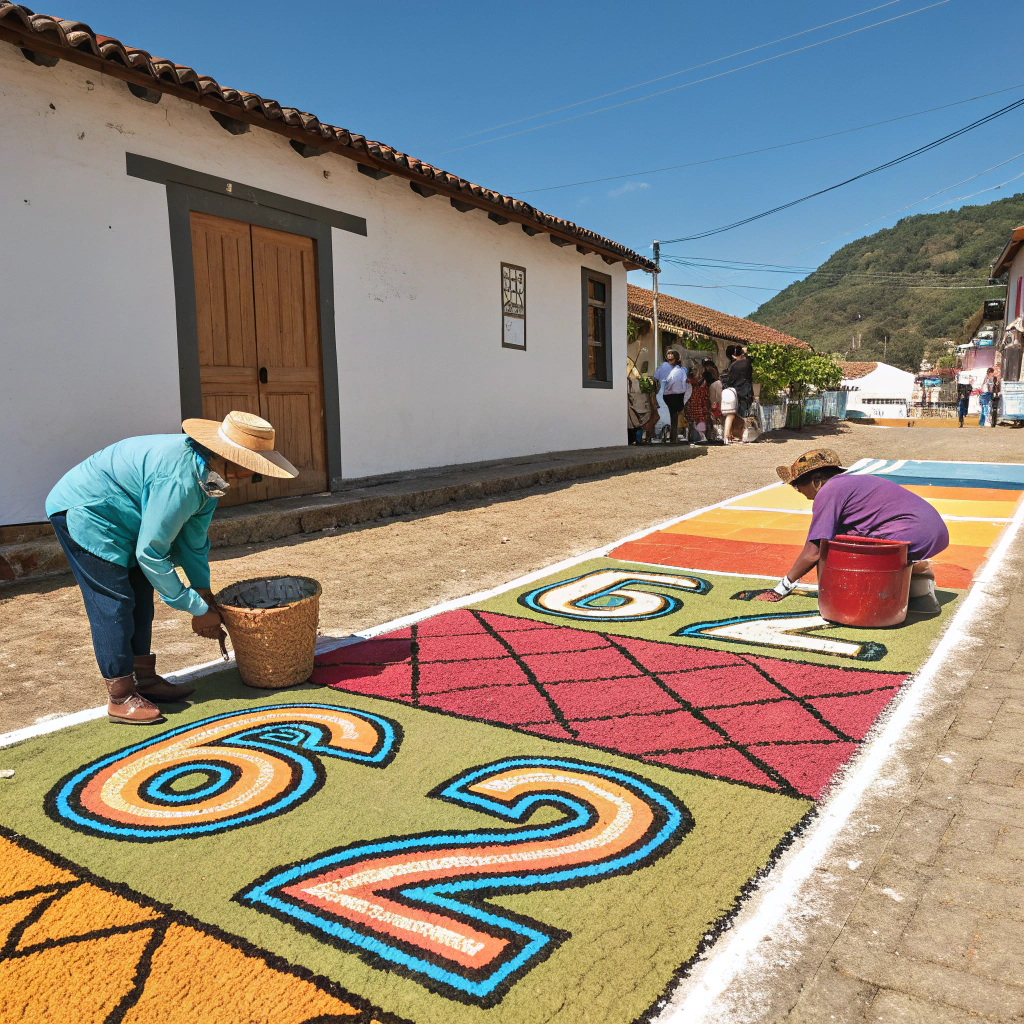 AI generated image by Red Panda AI: CREAME UNA IMAGEN CREATIVA CON EL NUMERO 62 QUE CONTENGA UN CONTEXTO DE ALFOMBRAS DE ASERRIN QUE SE ELABORAN EN COMAYAUA HONDURAS
