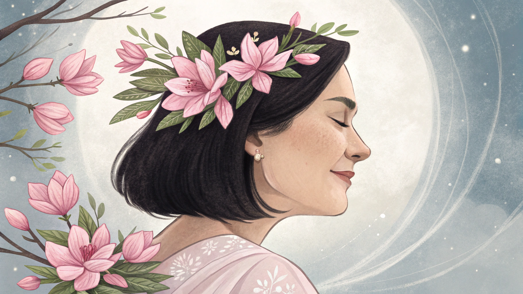 AI generated image by Red Panda AI: A midbody to head beautiful illustration of a beautiful woman with black medium long  hair with a small tiara of pink magnolia flowers and leaves on her head, she represents mother Earth as she huggs  the world  with love and tenderness in her arms as she smiles 