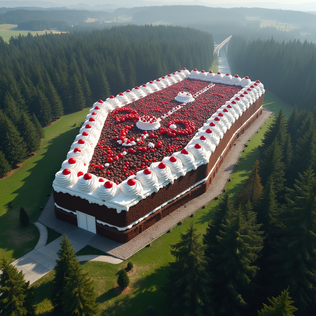 AI generated image by FLUX.1-pro: The world's largest black forest cake, the size of a building, surrounded by trees of the black forest