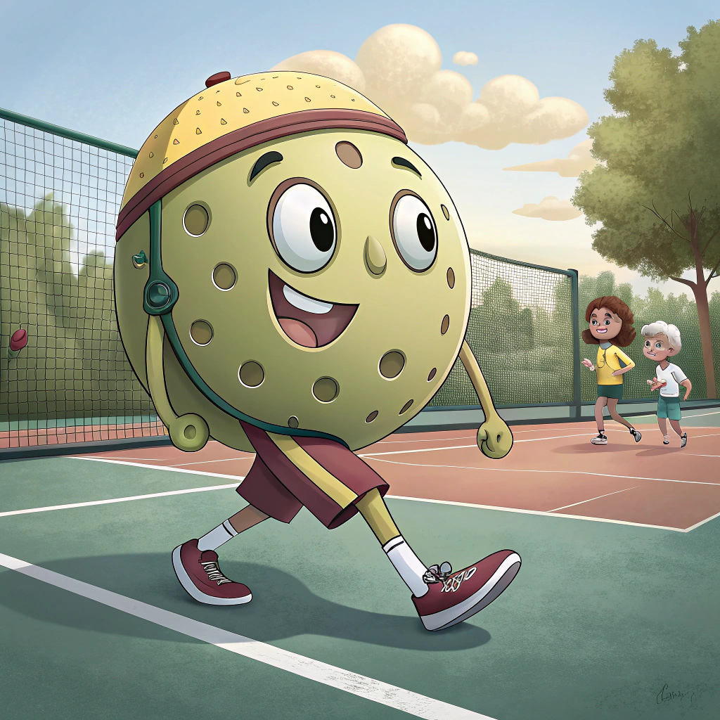 AI generated image by Red Panda AI: una caricatura de una pelota de pickleball, humanizada, caminando, con indumentaria para jugar pickleball
