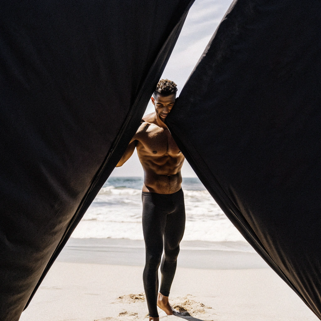 AI generated image by Red Panda AI: 21 year old man on the beach, fit body, thin and tight speedo, huge bulge