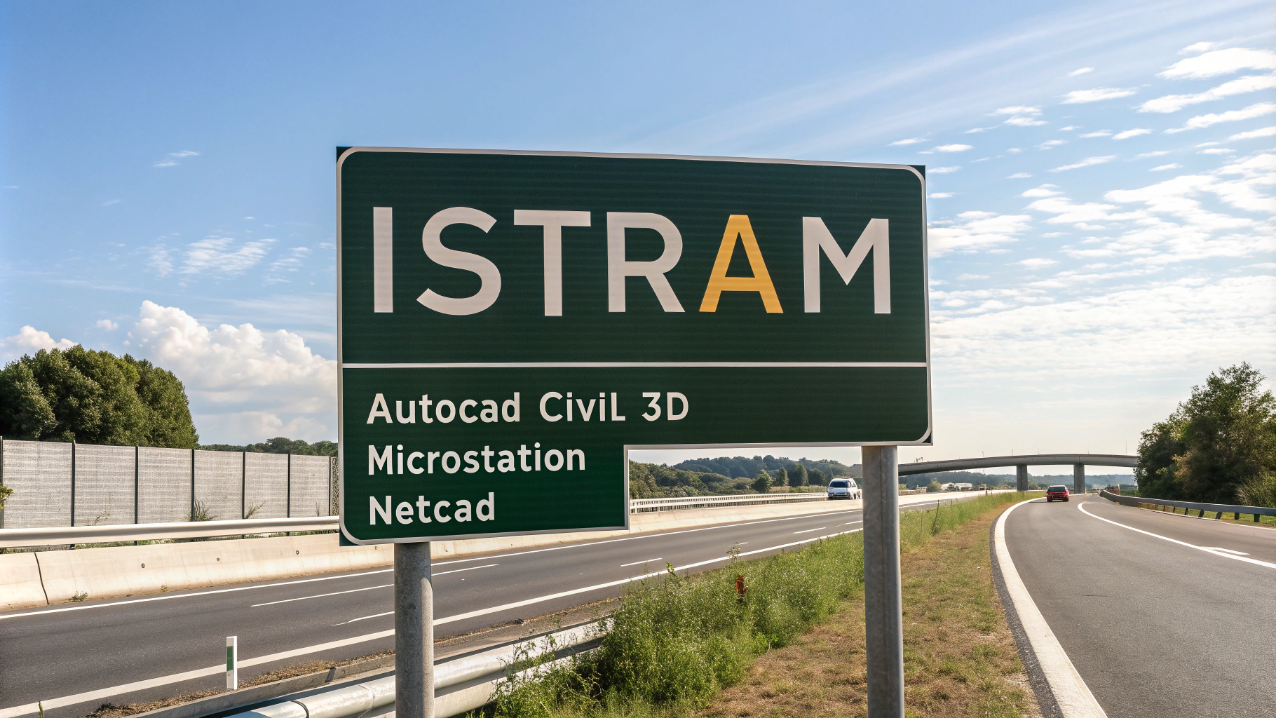 AI generated image by Red Panda AI: A high-definition image of a highway sign with the text "istram" most emphasized font. Below the "istram" text, there are other texts: "Autocad Civil 3D", "Microstation", and "Netcad". The background is a clear blue sky with a few white clouds. The sign is placed on the side of a highway.