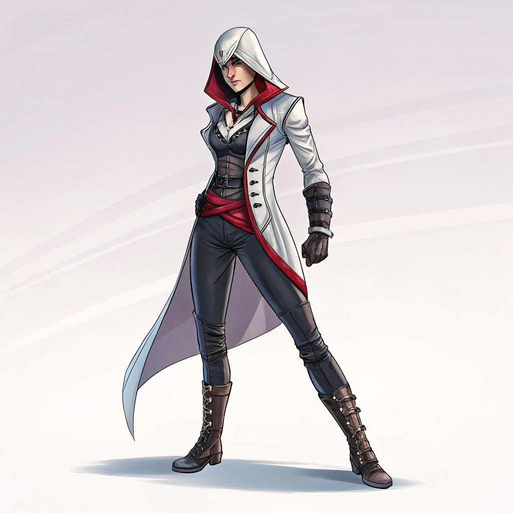 AI generated image by Red Panda AI: character by Frank Cho, glam metal, pure, VGA, full body, beautiful assassin, assassin creed, side angle