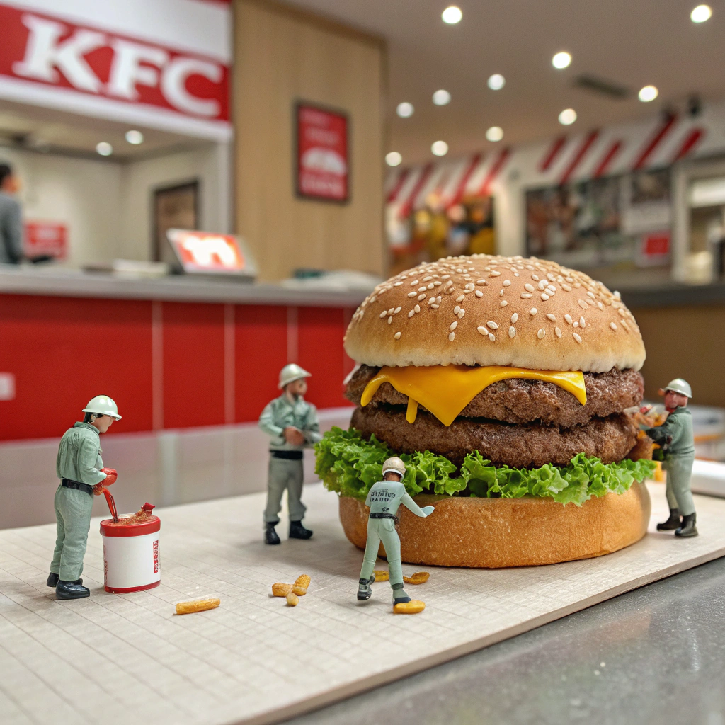 AI generated image by Red Panda AI: Very Tiny KFC little workers making a gigantic hamburger at KFC restaurant