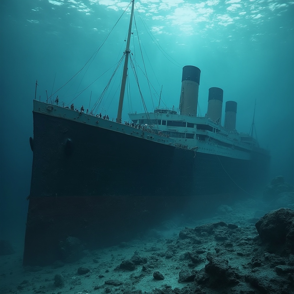 AI generated image by FLUX-Realism-Lora: the shipwreck of titanic on the sea bottom aside of brand new titanic. The whole picture without water