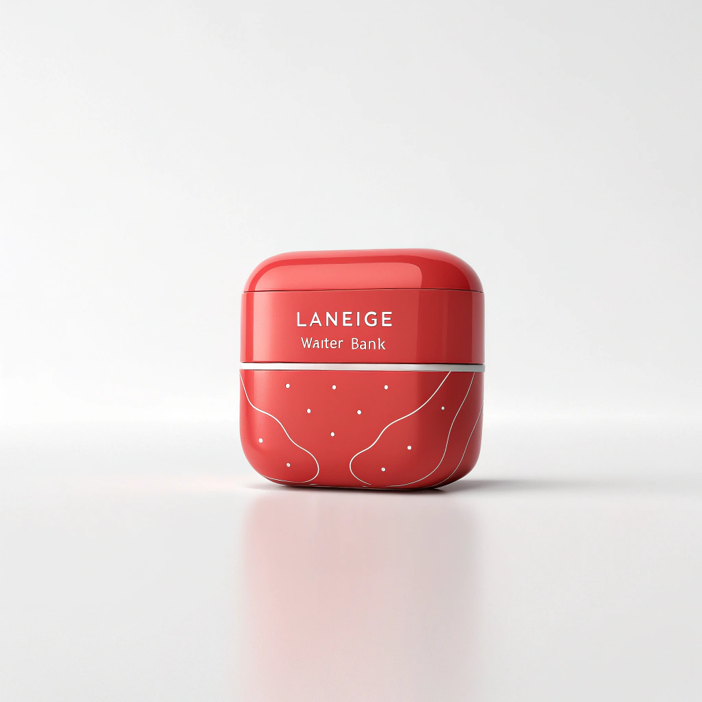 AI generated image by Red Panda AI: 3D render of a modern cosmetic container inspired by Laneige Water Bank, but shaped as a red, rounded-corner cube. A very very very very thin horizontal seam sits around the container’s midpoint, creating the opening. Add a subtle, youthful pattern on the surface and clean white typography for brand/product details. Emphasize a fresh, hydrating concept with soft lighting and a clean background, highlighting the smooth, minimalistic design.

