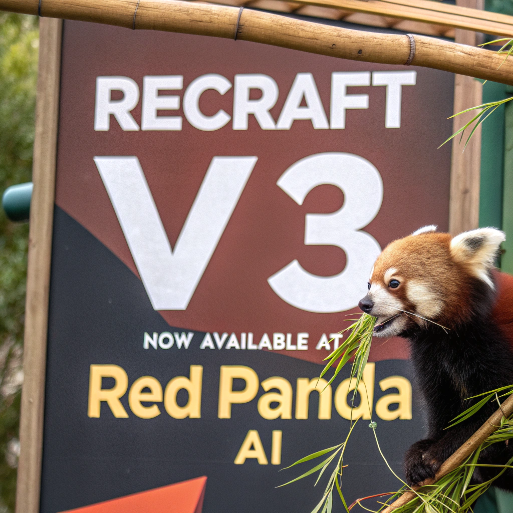 AI generated image by Red Panda AI: a red panda eating a bamboo in front of a poster that says "recraft V3 now available at red panda ai