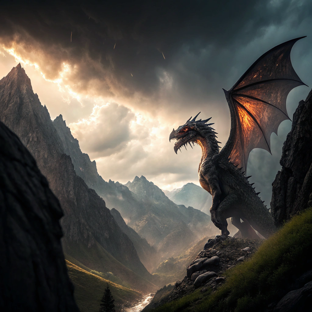 AI generated image by Red Panda AI: A dramatic and mystical scene showing a colossal dragon, Phyron, emerging from between towering, rugged mountains. The dragon has shimmering, glowing scales that exude power and an aura of mystery, with massive wings partially unfurled, ready to dominate the sky. The mountains are bathed in soft, ethereal light that contrasts with the stormy, dramatic sky, adding tension and grandeur to the scene. The atmosphere is filled with awe and reverence, as if nature itself pauses in the presence of this legendary creature. The overall composition captures the essence of an epic tale, rich in detail and cinematic in scope.”