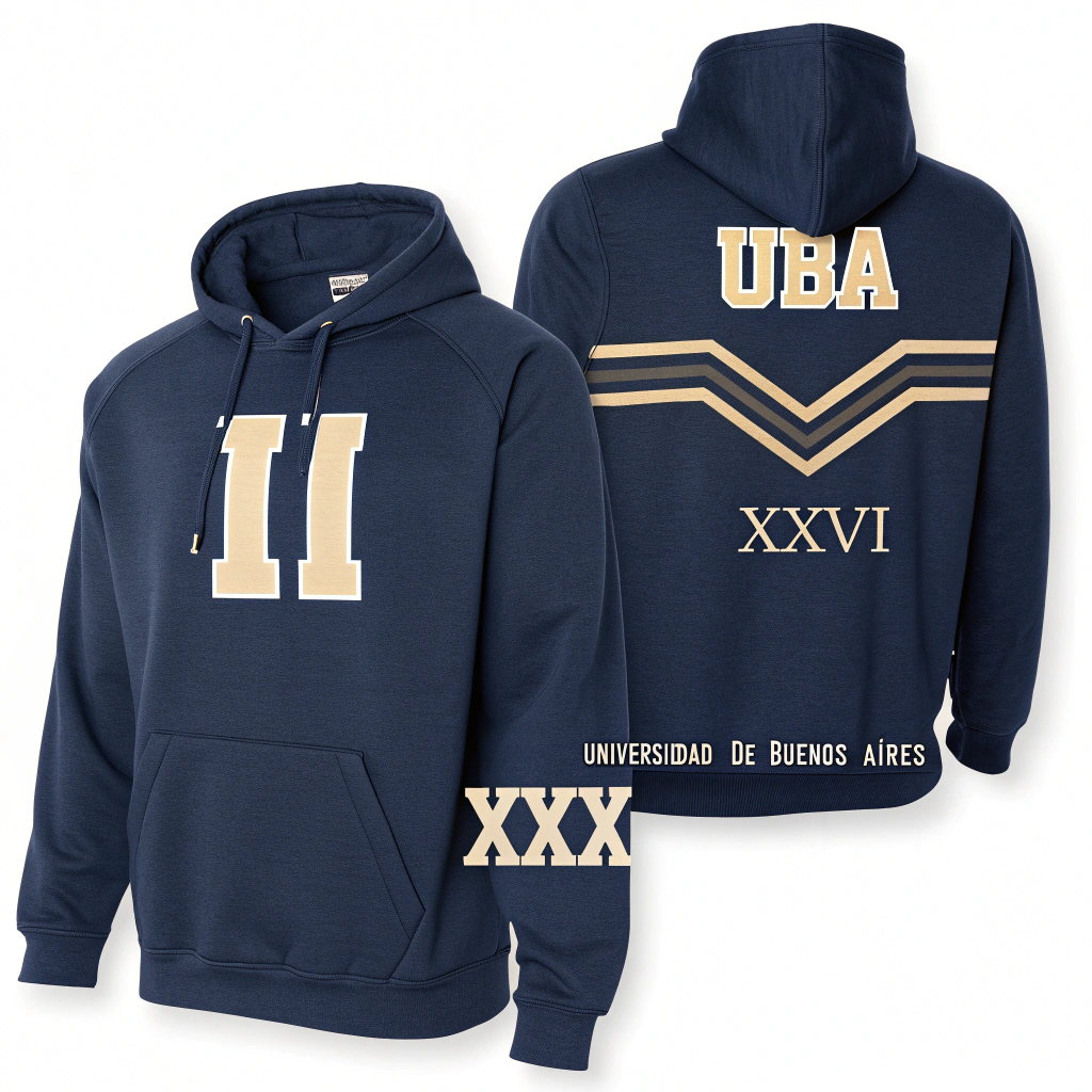 AI generated image by Red Panda AI: "Front and back view of a dark navy blue graduation hoodie. On the front: beige text ‘UBA’ on the right chest with two vertical beige lines behind it that pause at the text and continue down to the kangaroo pocket, slightly right-aligned. ‘XXVI’ on the left chest in the same beige, same font and texture, resembling a football jersey. Wavy irregular beige pattern covers the full left sleeve and only the upper third of the right sleeve. On the back: large Roman numeral ‘II’ in beige with a different elegant font, extending vertically. Centered over it: the seal of Universidad de Buenos Aires in beige, with a dark navy blue circle behind the seal to ensure visibility. Below the seal: text ‘XXX’ in the same font and texture as UBA and XXVI. All main text appears fabric-stitched. Blue and beige subtle lines decorate the Roman numeral. Modern academic sportswear style."