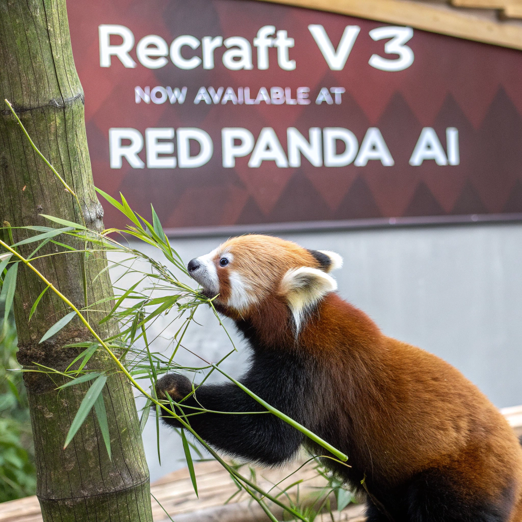 AI generated image by Red Panda AI: a red panda eating a bamboo in front of a poster that says "recraft V3 now available at red panda ai