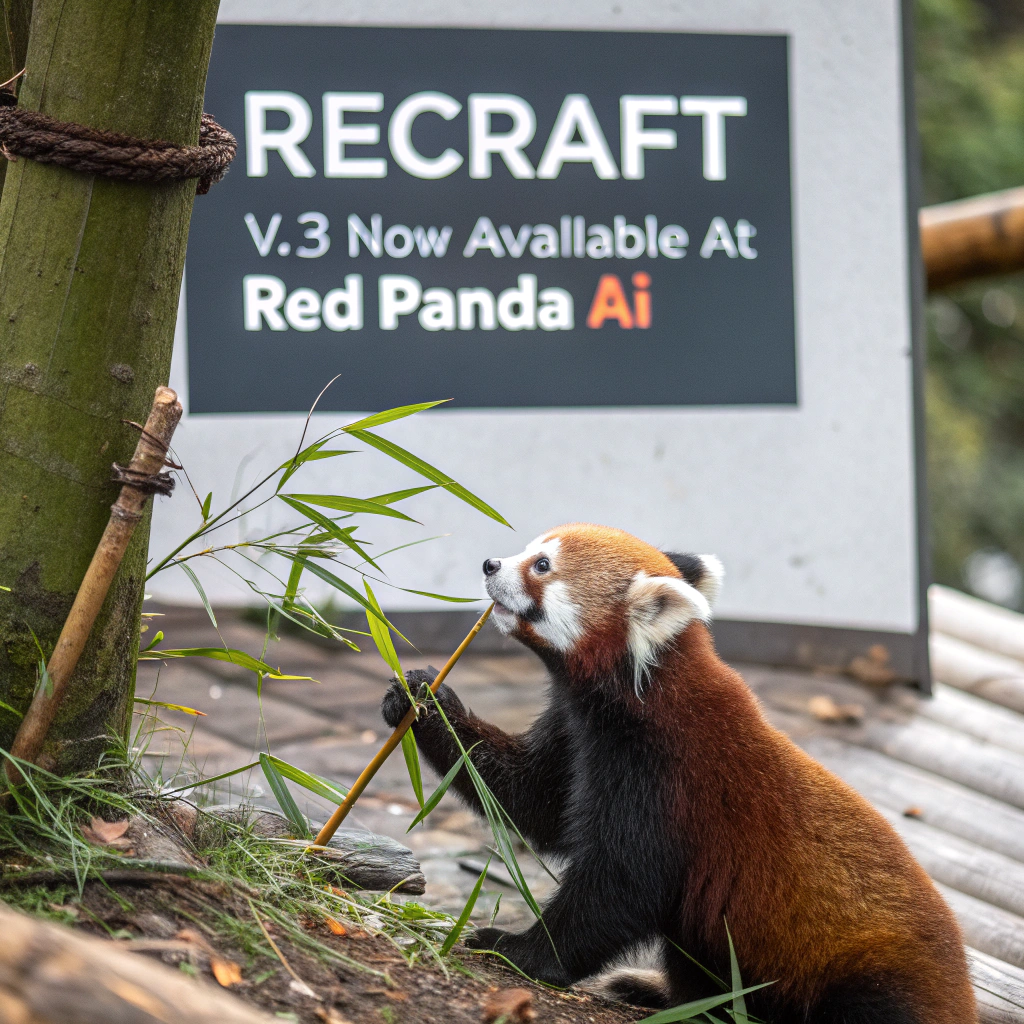 AI generated image by Red Panda AI: a red panda eating a bamboo in front of a poster that says "recraft V3 now available at red panda ai