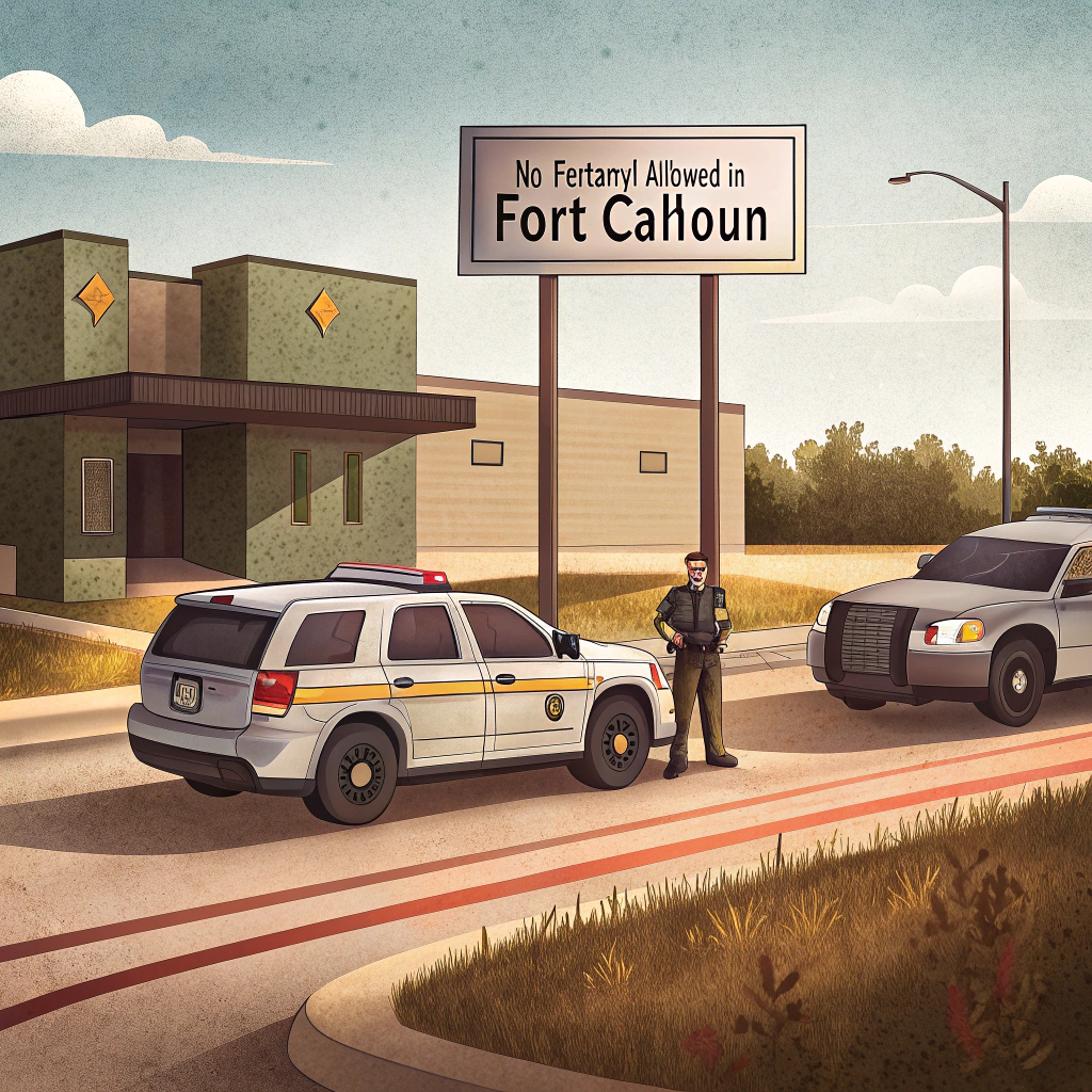 AI generated image by Red Panda AI: fentanyl in fort calhoun, nebraska found in a traffic stop.  There is a sign that says, "No Fentanyl Allowed in Fort Calhoun"