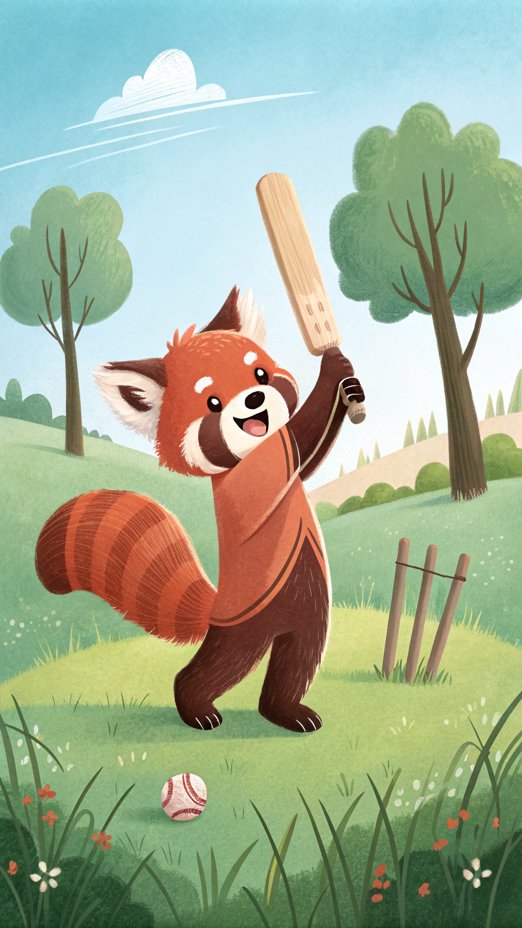 AI generated image by Red Panda AI: Red panada playing cricket holding a cricket bat