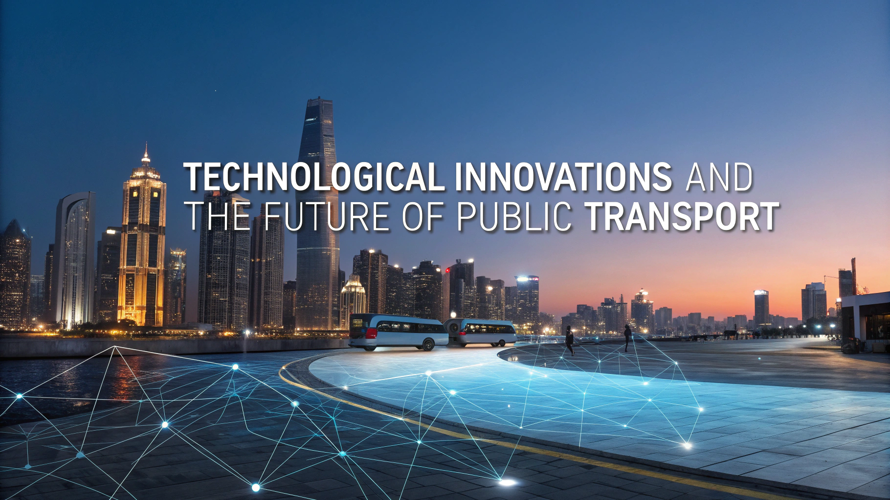 AI generated image by Red Panda AI: Create a modern and sleek title slide for a presentation on public transport innovations. The background should feature a futuristic city skyline at dusk with glowing lights and advanced transport systems (e.g., autonomous buses, electric trams). Include subtle technological elements like digital grids or holographic displays. Ensure the title "Technological Innovations and the Future of Public Transport" is prominently displayed in bold, modern font at the center. Include space for the presenter’s name and date at the bottom. The overall color scheme should be a blend of cool blues and vibrant oranges to convey innovation and progress.