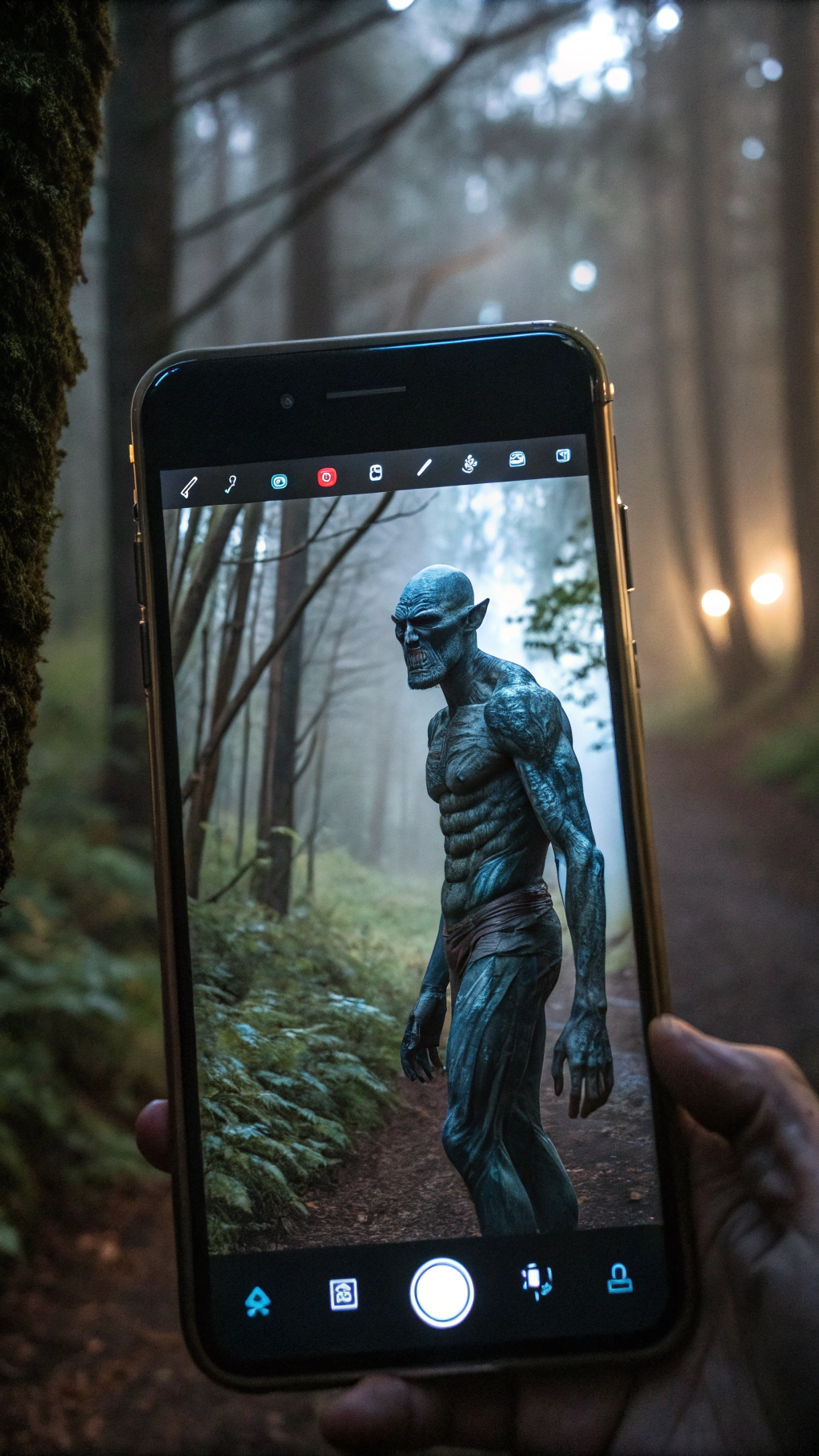 AI generated image by Red Panda AI: wildlife night amateur photo of an alien like creature monster with wet blueish pale skin with veins in a forest, taken by phone, posted on snapchat, natural lighting --ar 9:16 --style raw --s 50