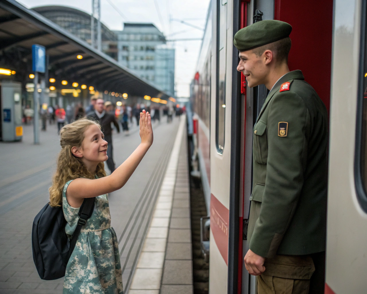 AI generated image by Red Panda AI: A girl says goodbye to a guy in a military uniform at a train station in Berlin
