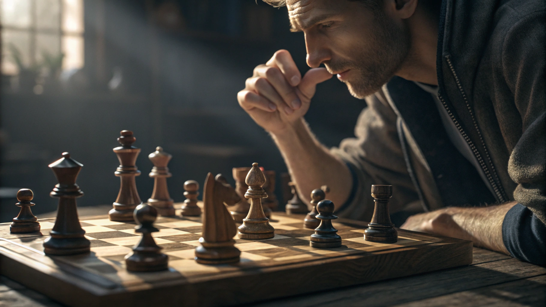 AI generated image by Red Panda AI: A chess player's hand hovering over a piece, contemplating the next move. The board shows a complex mid-game position with roughly equal material. Dramatic side lighting creates shadows across the board. Close-up perspective focusing on the suspended hand and the pieces below. Photorealistic style with rich detail in the wood grain of the pieces and board.