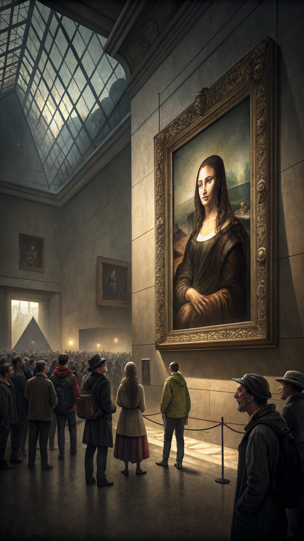 AI generated image by Red Panda AI: A dramatic scene depicting the empty frame of the Mona Lisa hanging on the wall of the Louvre. Museum staff and visitors are gathered around in shock and confusion. The atmosphere is tense, with dim lighting emphasizing the emptiness left by the stolen masterpiece. Historical accuracy in clothing and architecture, early 20th century.  
