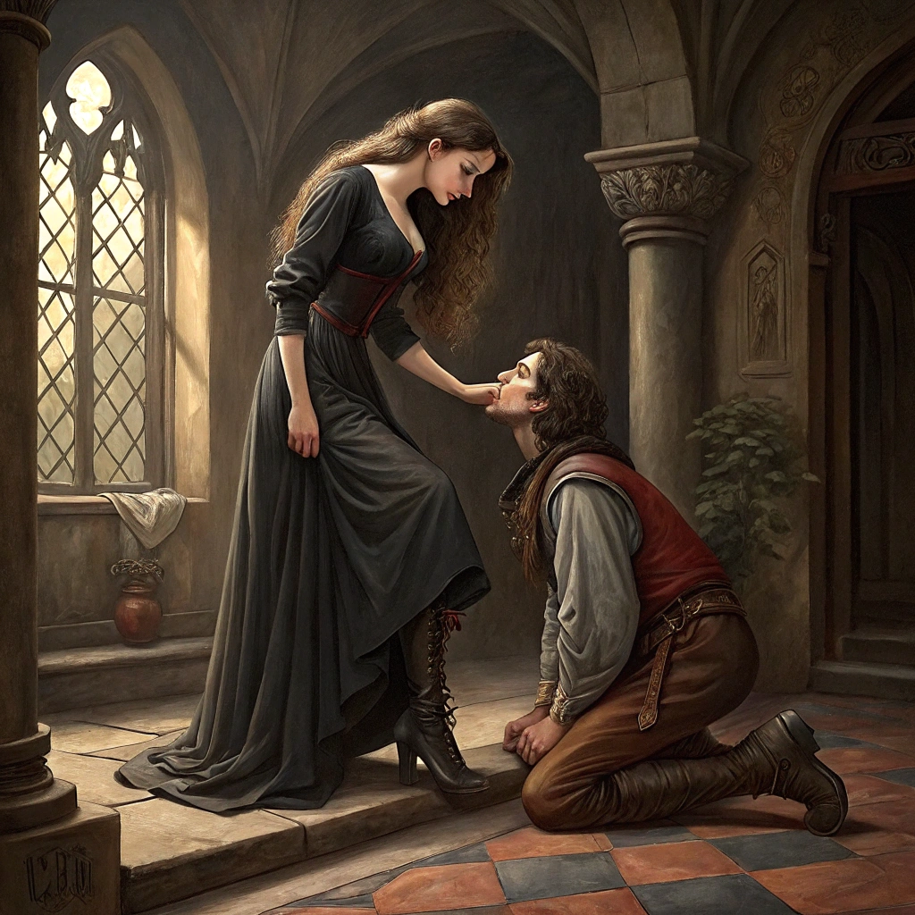 AI generated image by Red Panda AI: in the style of John William Waterhouse,full body shot, wide shot, picture of a gothic beautiful dominant evil witch in boots standing and stepping on her slave's lips, her male slave's on the floor,  grovelling before her, ((kissing her feet clean)), femdom art, by Aly Fell, 4k, ultra detailed 