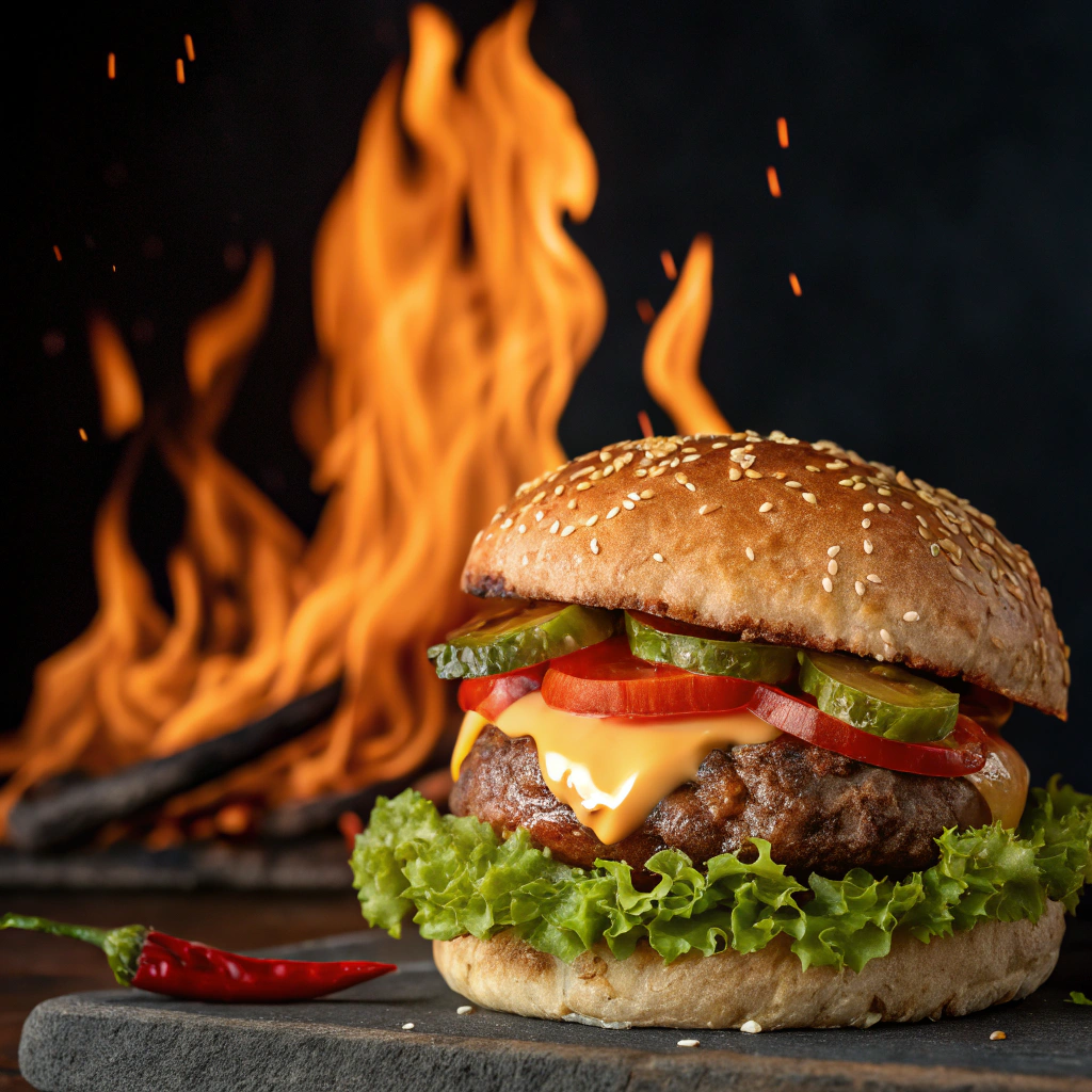 AI generated image by Red Panda AI: hamburger,fire behide 