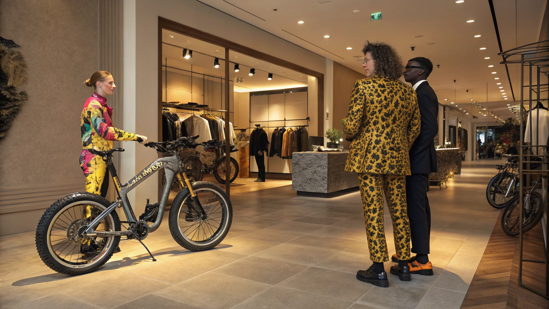 AI generated image by Red Panda AI: Create a highly realistic image of an exclusive luxury e-bike event in an upscale boutique. The event should feature attendees wearing bold and unique outfits that match their custom e-bikes. Each person’s e-bike should have a design that complements their clothing, such as a person in a colorful, artistic outfit standing beside an e-bike with a matching vibrant abstract pattern, and another person in a sleek, futuristic outfit next to a metallic, tech-themed e-bike. The atmosphere should be lively and luxurious, with modern interior decor, warm lighting, and a visible 3D customization booth. Attendees should be seen mingling, admiring each other’s e-bikes, and engaging in conversation.. someone in the middle has a leopard ebike and the owner is yellow shirt and leopard pant”