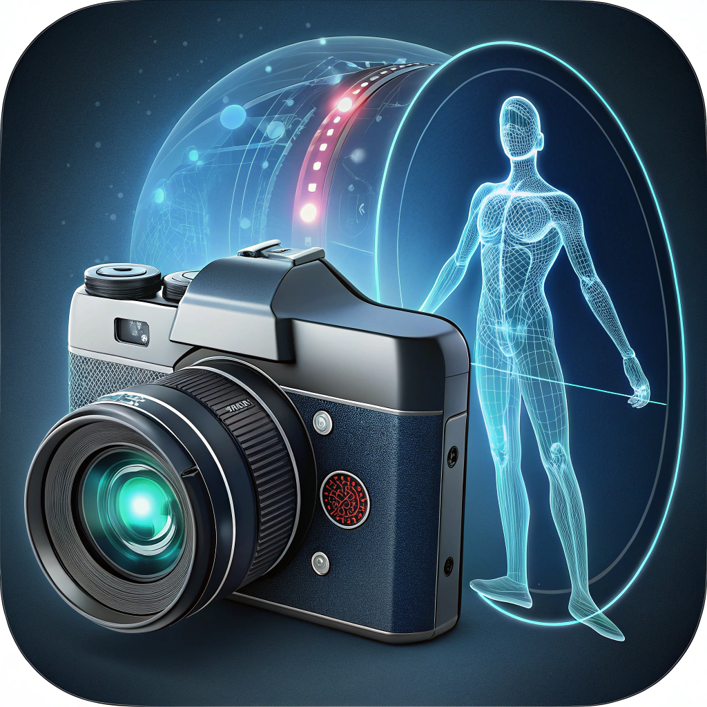AI generated image by FLUX.1-schnell: A beautiful icon for a mobile app, where there is a high-tech camera scanning a fit body shape using AI.
