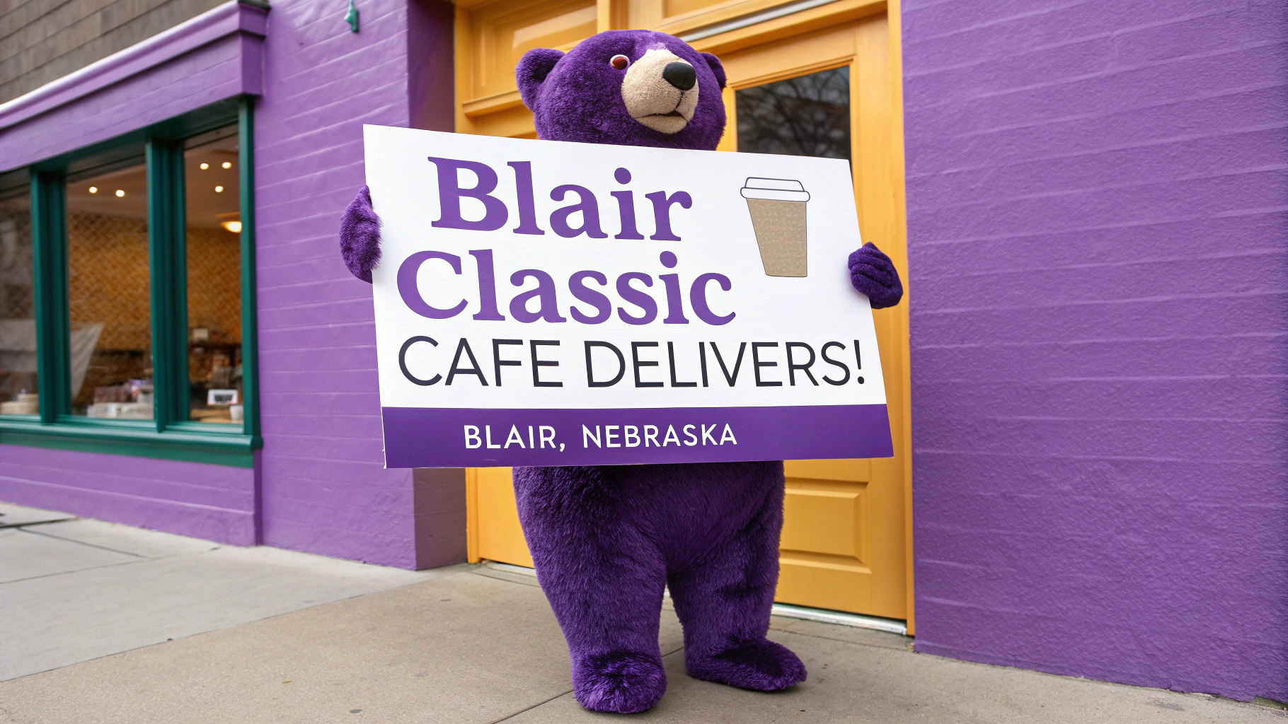 AI generated image by Red Panda AI: Purple bear wears sandwich-board sign that says "Blair Classic Cafe Delivers!" Sign reads in Blair, Nebraska