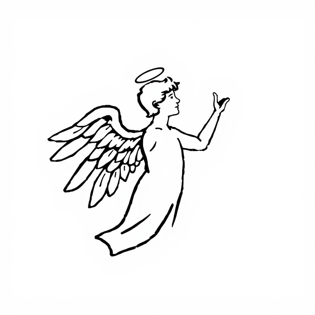 AI generated image by FLUX.1-schnell: The image features a  illustration of an angelic figure with wings spread wide, symbolizing flight or divinity. The figure is depicted in profile, facing to the right, with one hand raised as if reaching out or blessing. It has a humanoid form, with a halo-like crown on its head and a serene expression. The background is plain white, which contrasts with the black silhouette of the figure, making it stand out prominently.