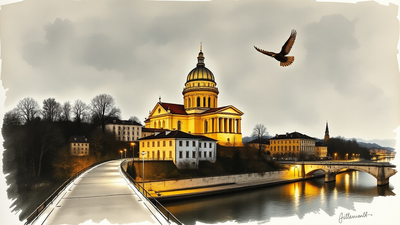 AI generated image by FLUX.1-schnell: Stefans Dom in Passau, Vogelperspektive, Nachtaufnahme, Outlinezeichnung mit Gold, märchenhafte Stimmung