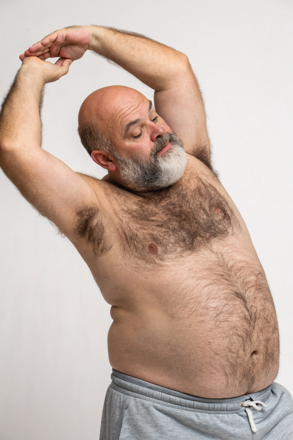 AI generated image by Red Panda AI: a studio photo of a slightly overweight 50 year old hirsute man stretching. Man has heavy amount of body hair, hairy chest pattern, expanding his bloated heavy bearded-belly, bald head, white goatee