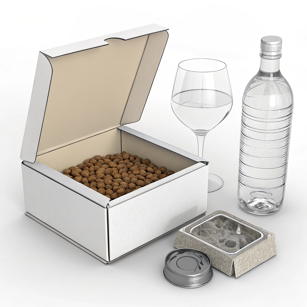 AI generated image by Red Panda AI: The image style is "3D rendering", with a glass high footed cup, an open water bottle, and a pet turnover box containing pets. It has a white mold style and is simple