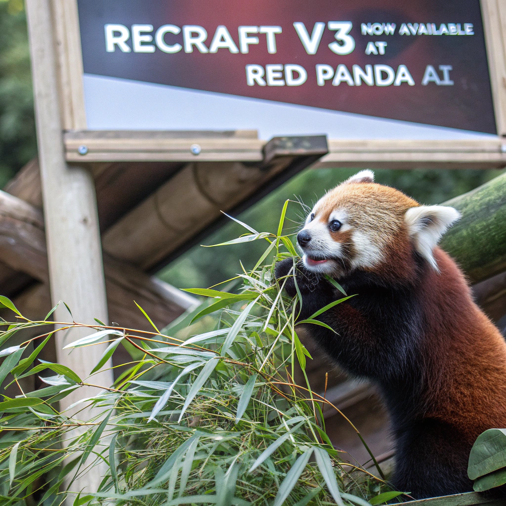 AI generated image by Red Panda AI: a red panda eating a bamboo in front of a poster that says "recraft V3 now available at red panda ai