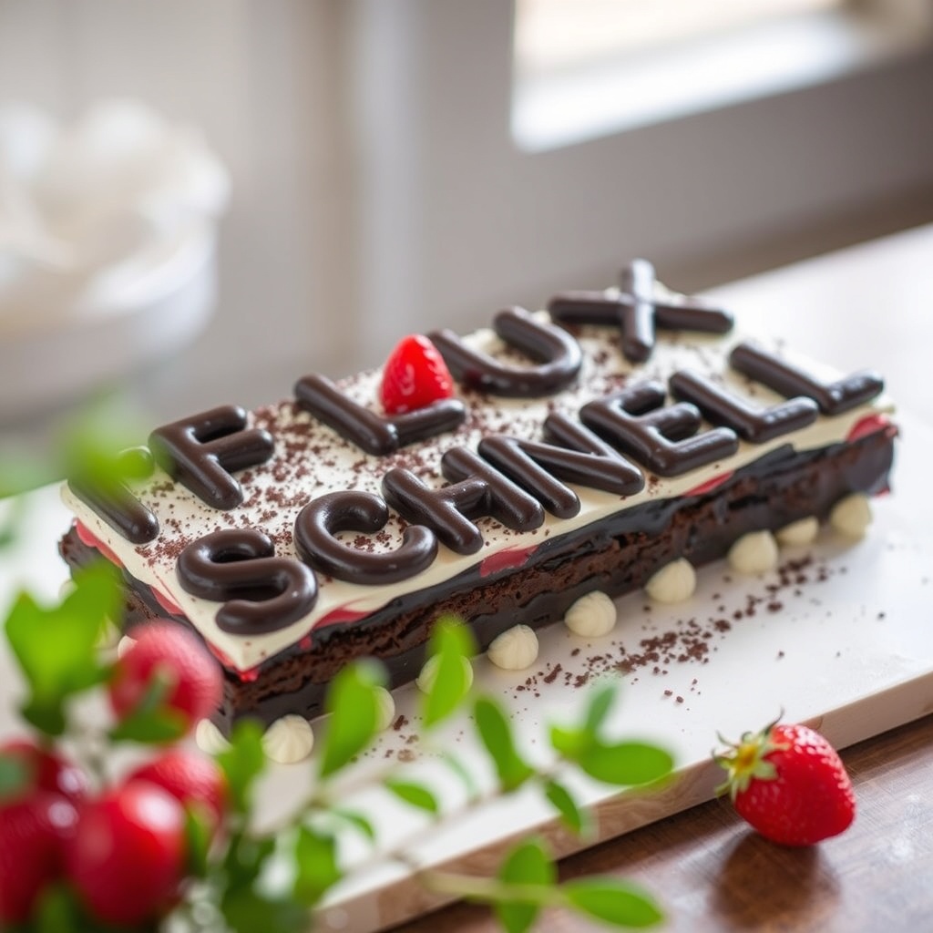AI generated image by FLUX.1-schnell: black forest gateau cake spelling out the words "FLUX SCHNELL", tasty, food photography, dynamic shot