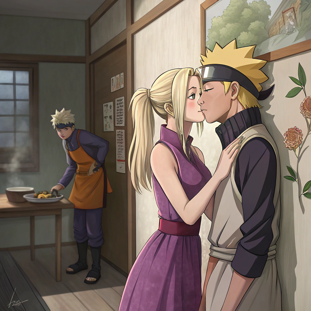 AI generated image by Red Panda AI: A scene from anime where Ino yamanaka wearing a purple dress is passionately kissing naruto against a wall while hinata hyuuga is cooking in the next room