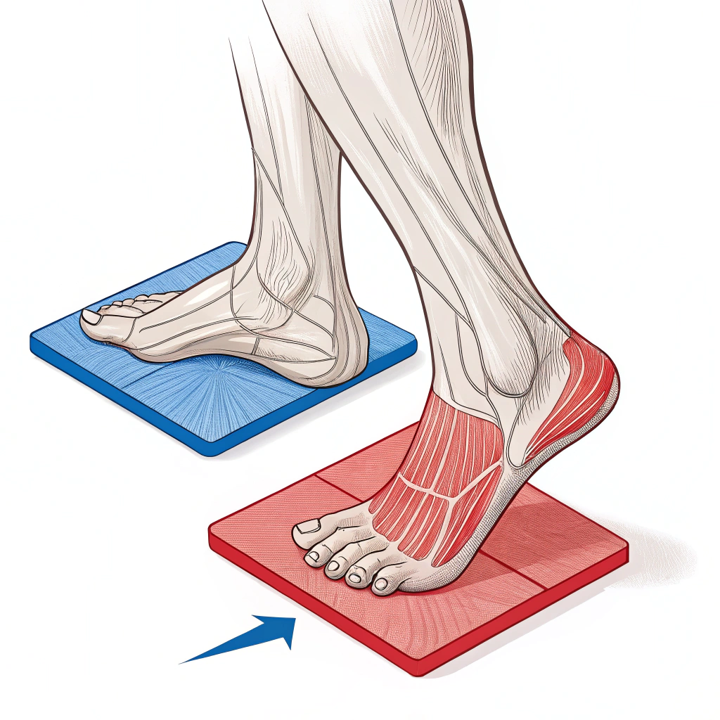 AI generated image by Red Panda AI: A naked foot is placed on 2 unstable squares; Under The front foot there's a blue square, under the hind foot there is a red square;  show how the front foot and the hind foot are working 