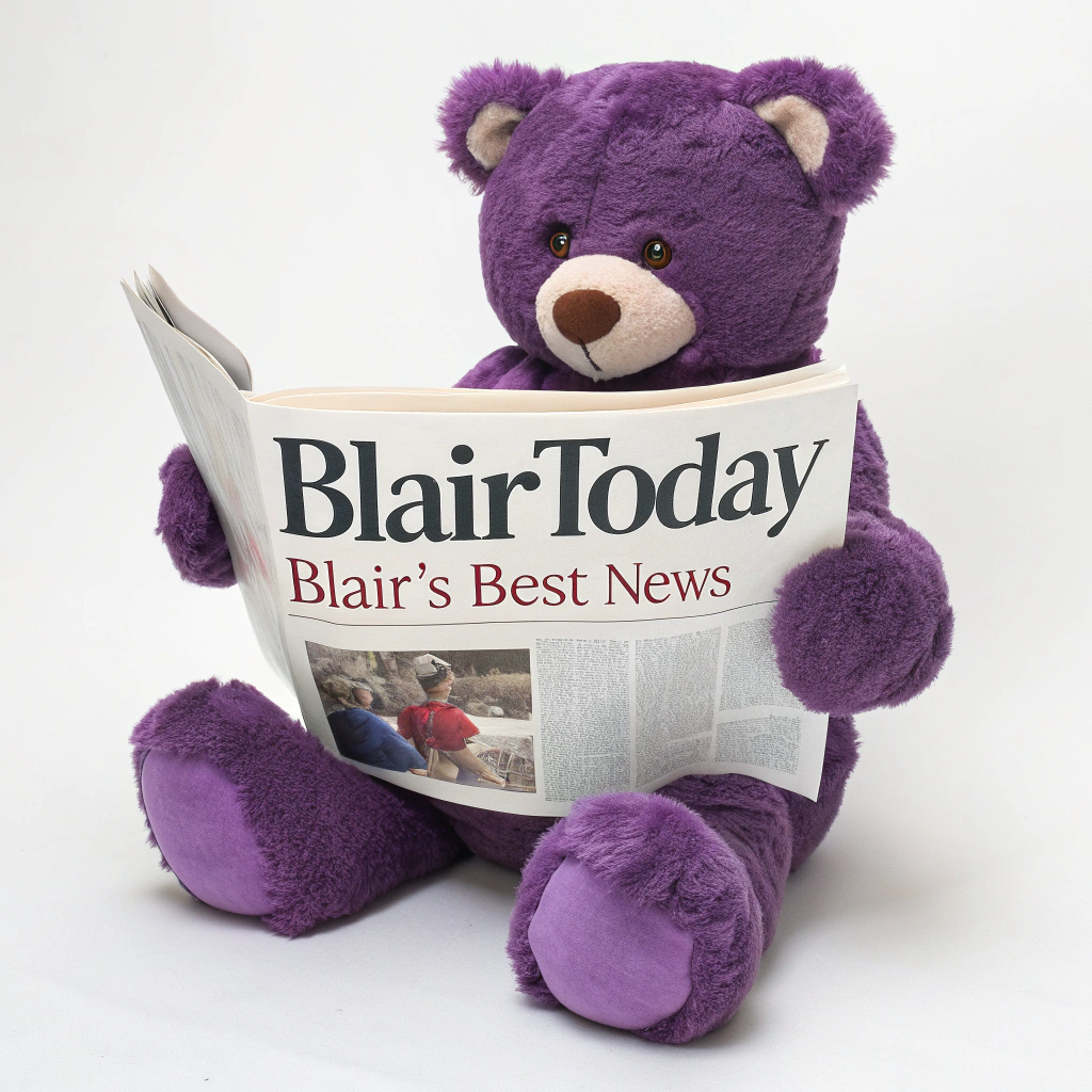 AI generated image by Red Panda AI: purple bear reads a newspaper with the headline, "BlairToday" and the subtitle "Blair's Best News", on white background