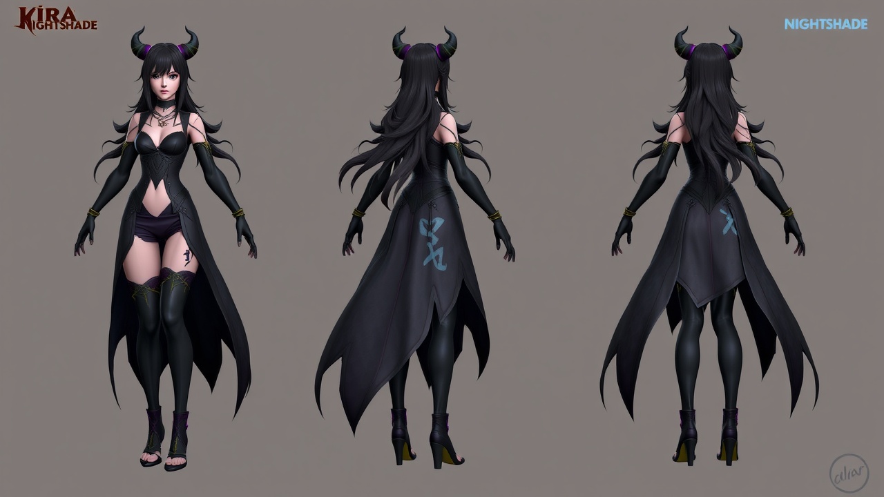 AI generated image by FLUX.1-schnell: 3D model of Kira Nightshade, full body, detailed.