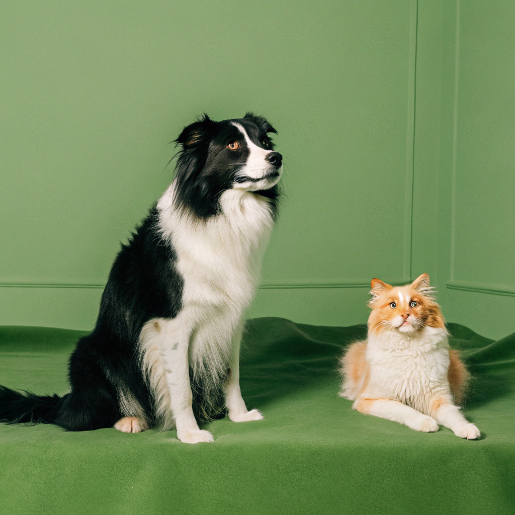AI generated image by Red Panda AI: an editorial photo of a border collie and a fluffy cat, in the style of Irving Penn, taken in 1985