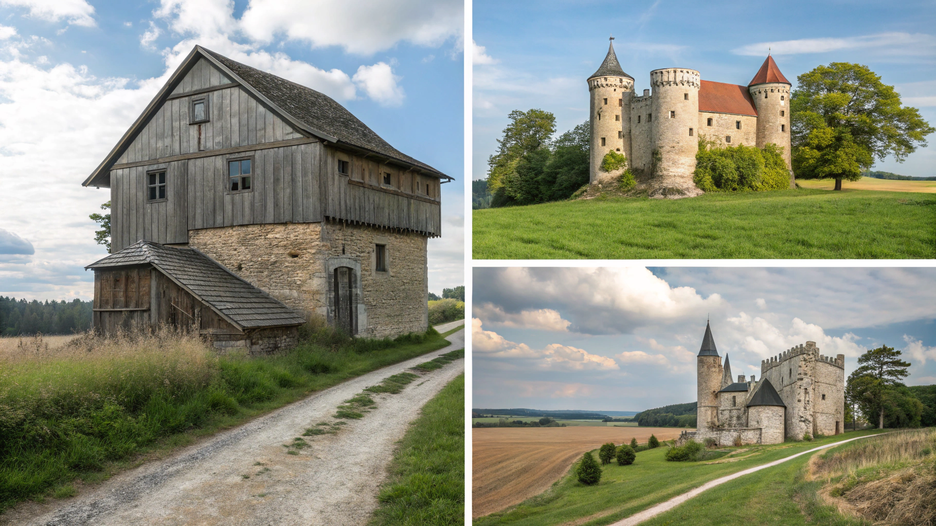 AI generated image by Red Panda AI: en orden un pozo, un granero, una choza de hojalata y un castillo con continuidad ocupando cada uno de estos escenarios una cuarta parte de la imagen en vertical, que sean espacios individuales y al juntarse parezca el interior de un castillo