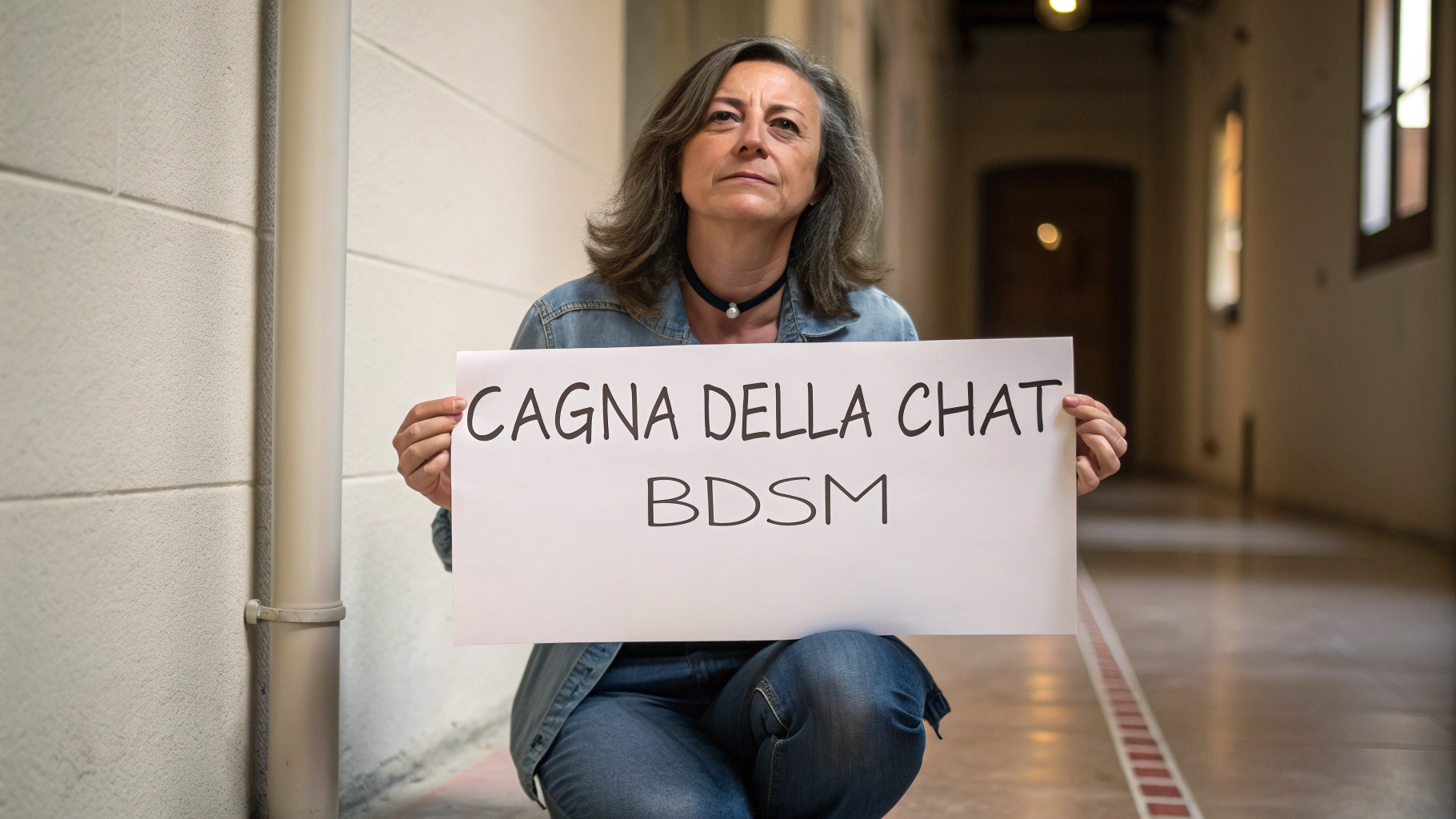 AI generated image by Red Panda AI: photo of a 45-year-old woman on her knees holding a sign that reads: cagna della chat bdsm