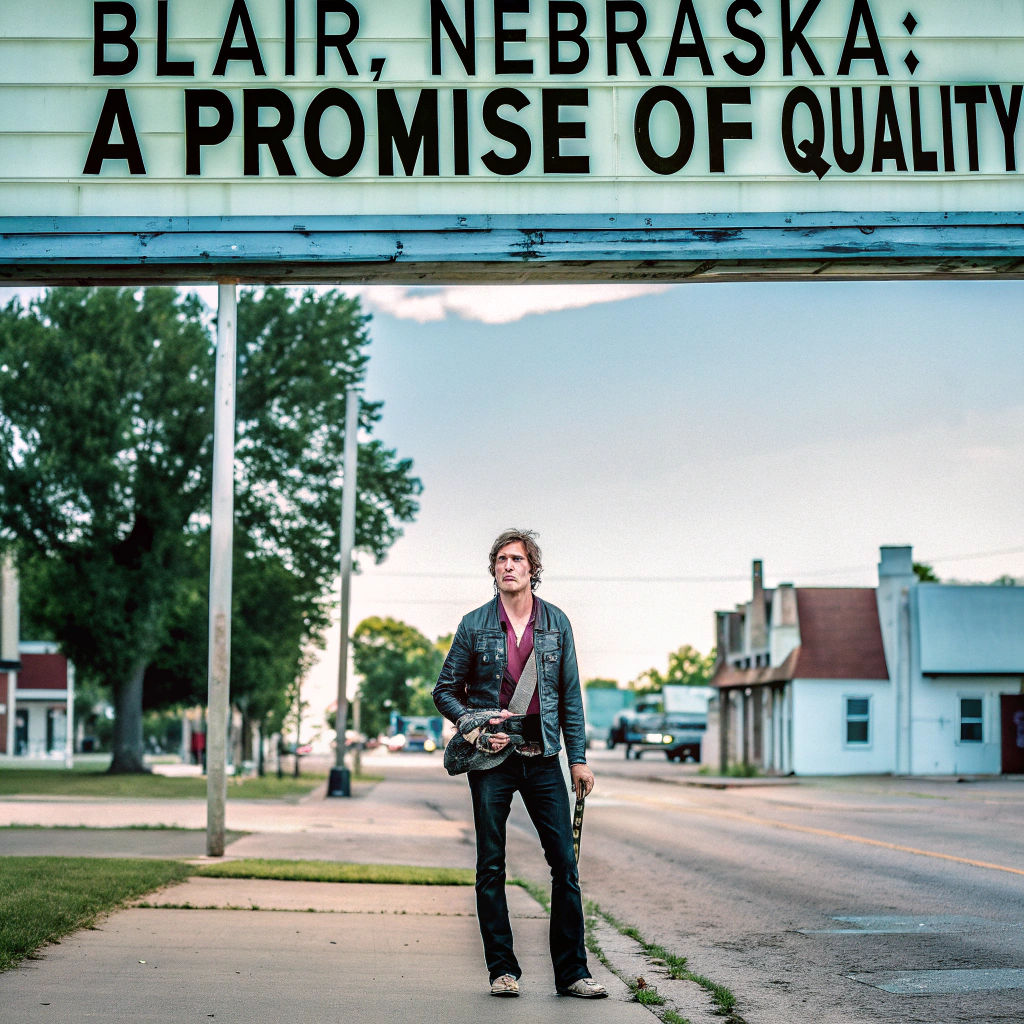 AI generated image by Red Panda AI: Steve Vai in front of a sign that says, "Blair, Nebraska: A Promise of Quality"