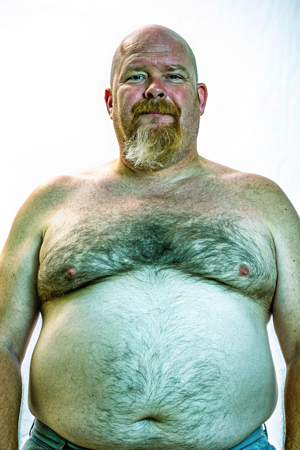 AI generated image by Red Panda AI: a studio photo of a slightly overweight 50 year old hirsute man. Man has heavy amount of body hair, hairy chest pattern, expanding his bloated heavy bearded-belly, bald head, brown and white goatee