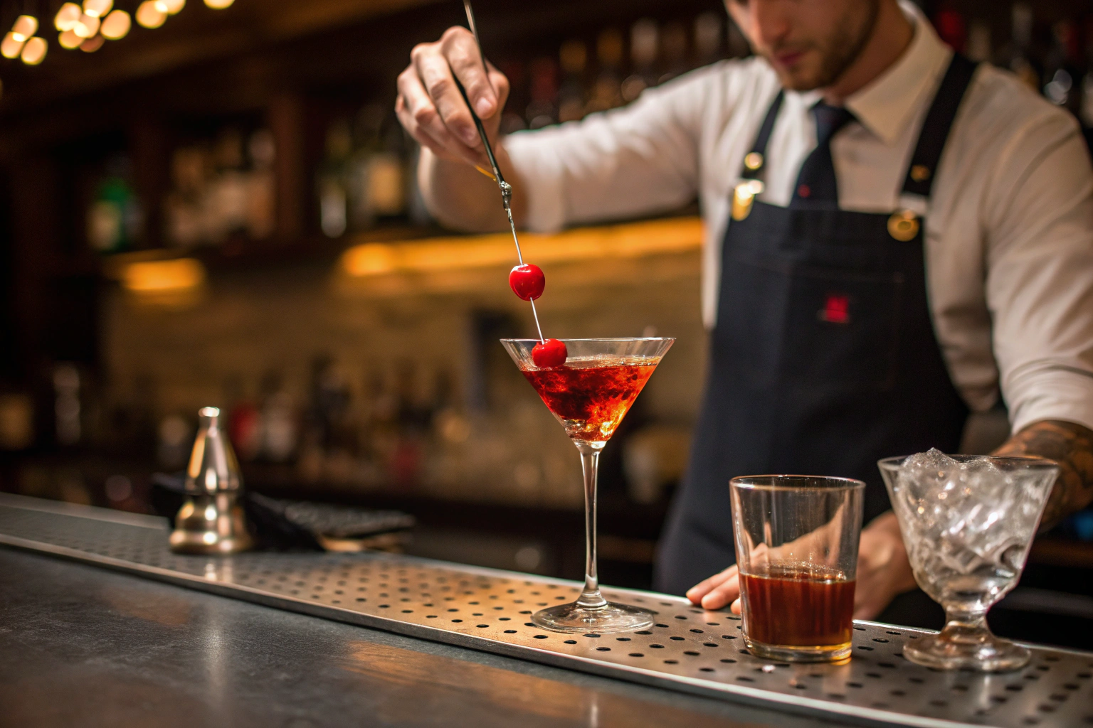 AI generated image by Red Panda AI: Create a manhattan cocktail on a bar counter with maraschino cherries on top. Also add a barman behind serving the drink with one hand. The background behind is blurred