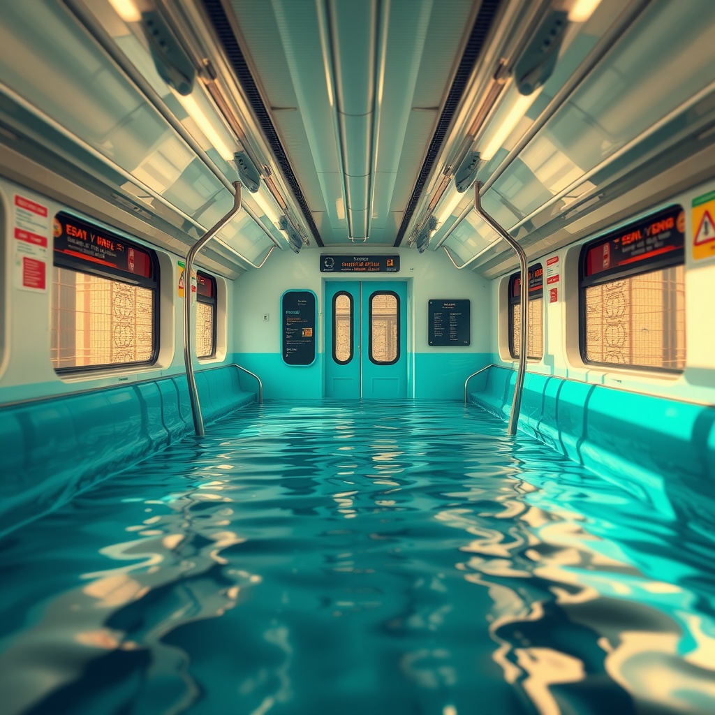 AI generated image by FLUX.1-schnell: in this rendering of a subway train, one can see a flooded subway, in the style of surrealistic distortions, lo-fi aesthetics, hyper-realistic water, varying perspectives, tumblewave, hyper-realistic pop, calming symmetry, sunlight, poolcore --ar 3:4 --v 6.0