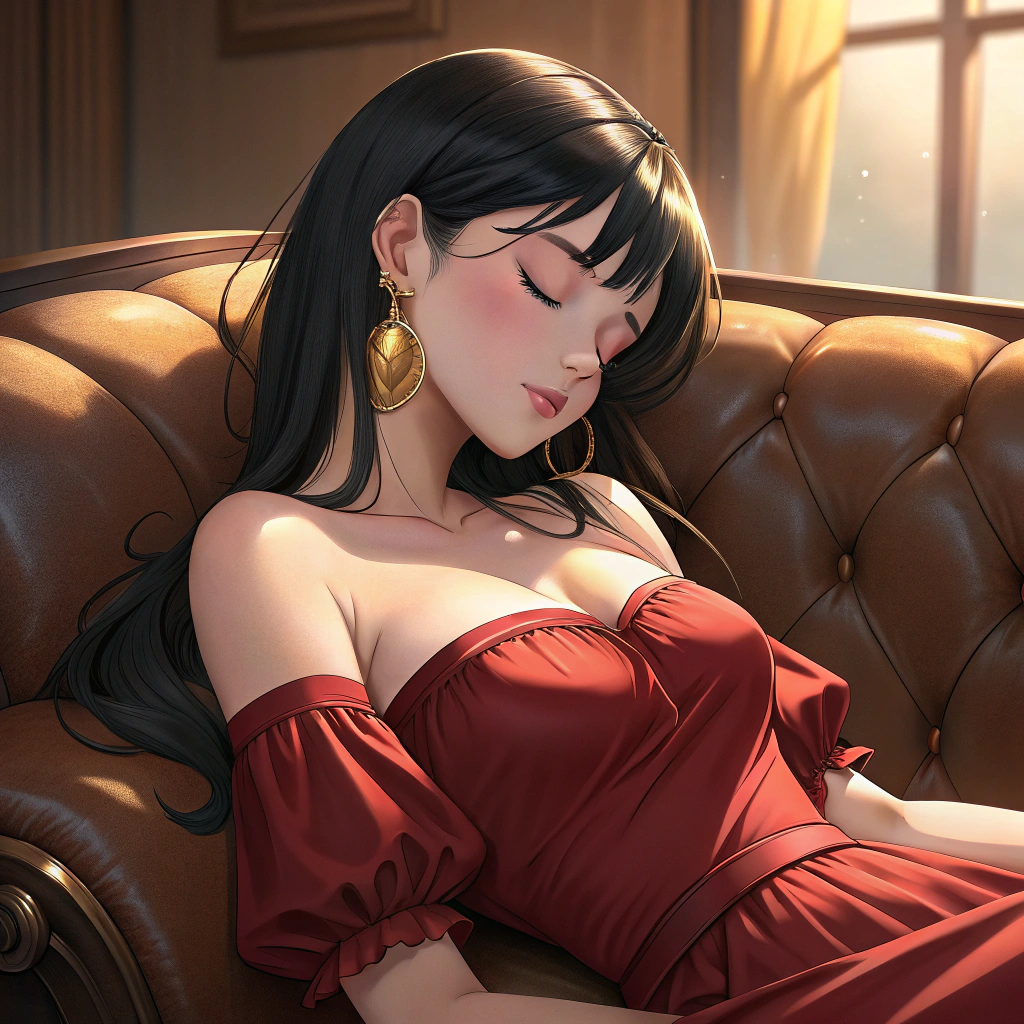 AI generated image by Red Panda AI: "1girl, anime style, sleeping on a brown leather couch, elegant red dress, off-shoulder, large bust, black long hair, golden earrings, blushing, peaceful expression, soft lighting, warm background, highly detailed, 8k, masterpiece, ultra high res, smooth skin"