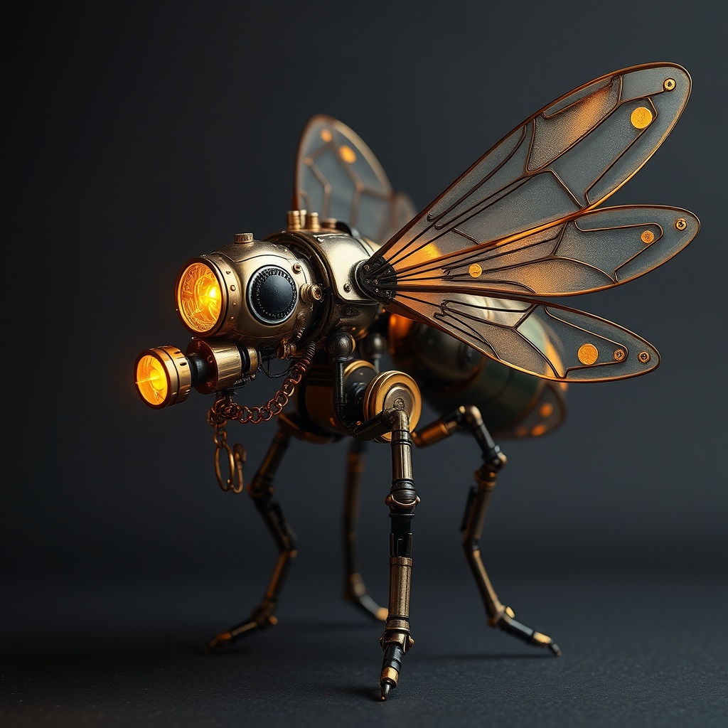 AI generated image by FLUX.1-schnell: Steampunk firefly robot, full size