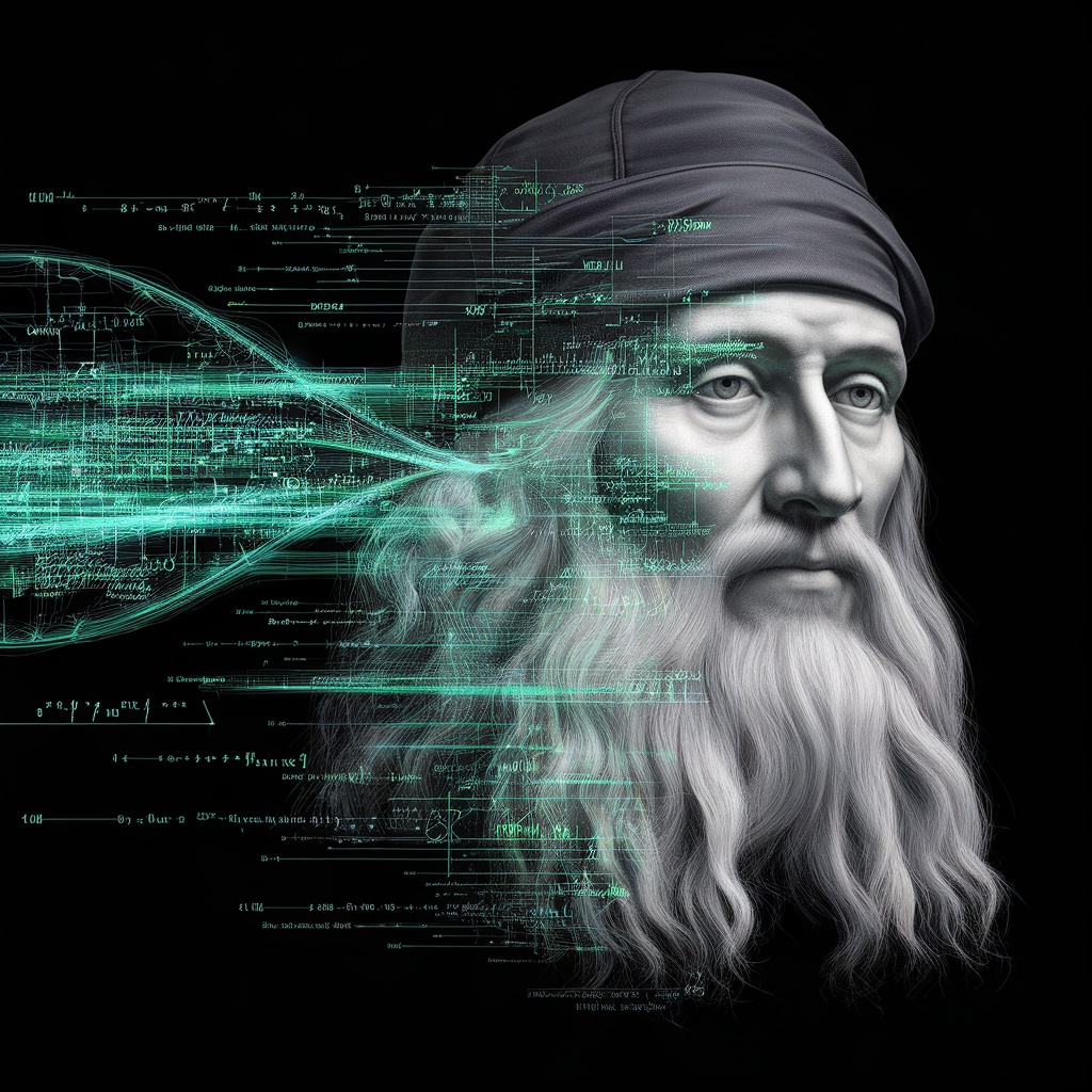 AI generated image by ideogram 2.0: Leonardo DaVinci's face as a digital mask made from thousands of turquoise numbers and formulas forming his face. the formulas and numbers fly behind the mask leaving a trail of complexity. the mask is floating dynamically in mid air. his head is turned to the right but his eyes are looking directly into the camera. the mask is on a black background.  like a png with black only background. photo realistic, sci-fy